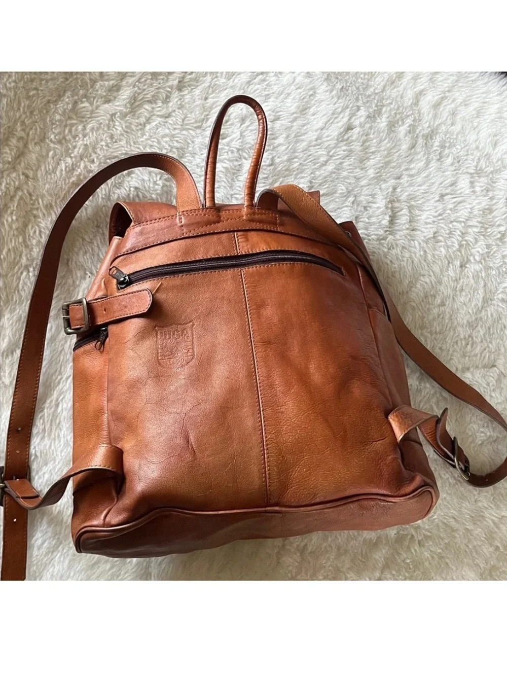 Cognac Brown Leather Backpack with Flap front & drawstring top